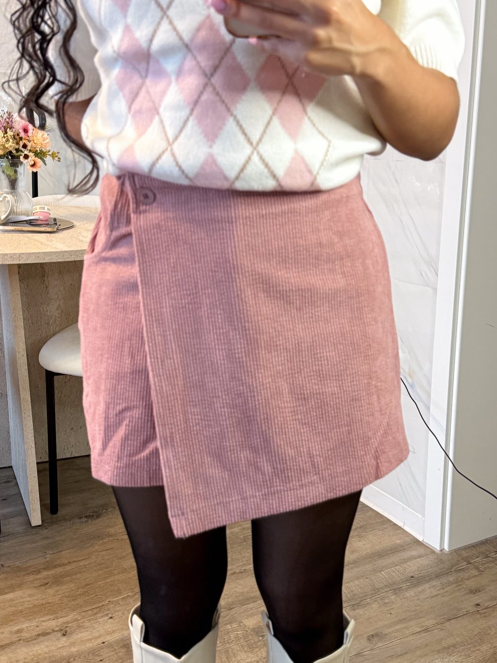 Mimi Corduroy Skort – Blush Pink Wrap Mini Skort | Kawaii Preppy Shorts