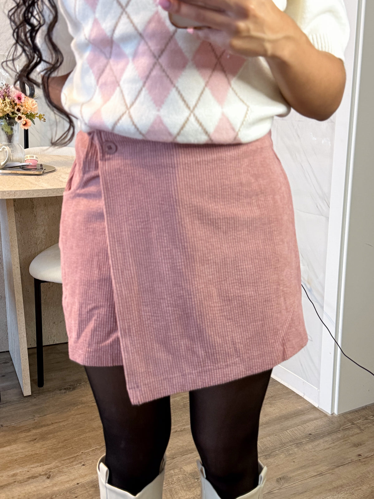 Mimi Corduroy Skort – Blush Pink Wrap Mini Skort | Kawaii Preppy Shorts