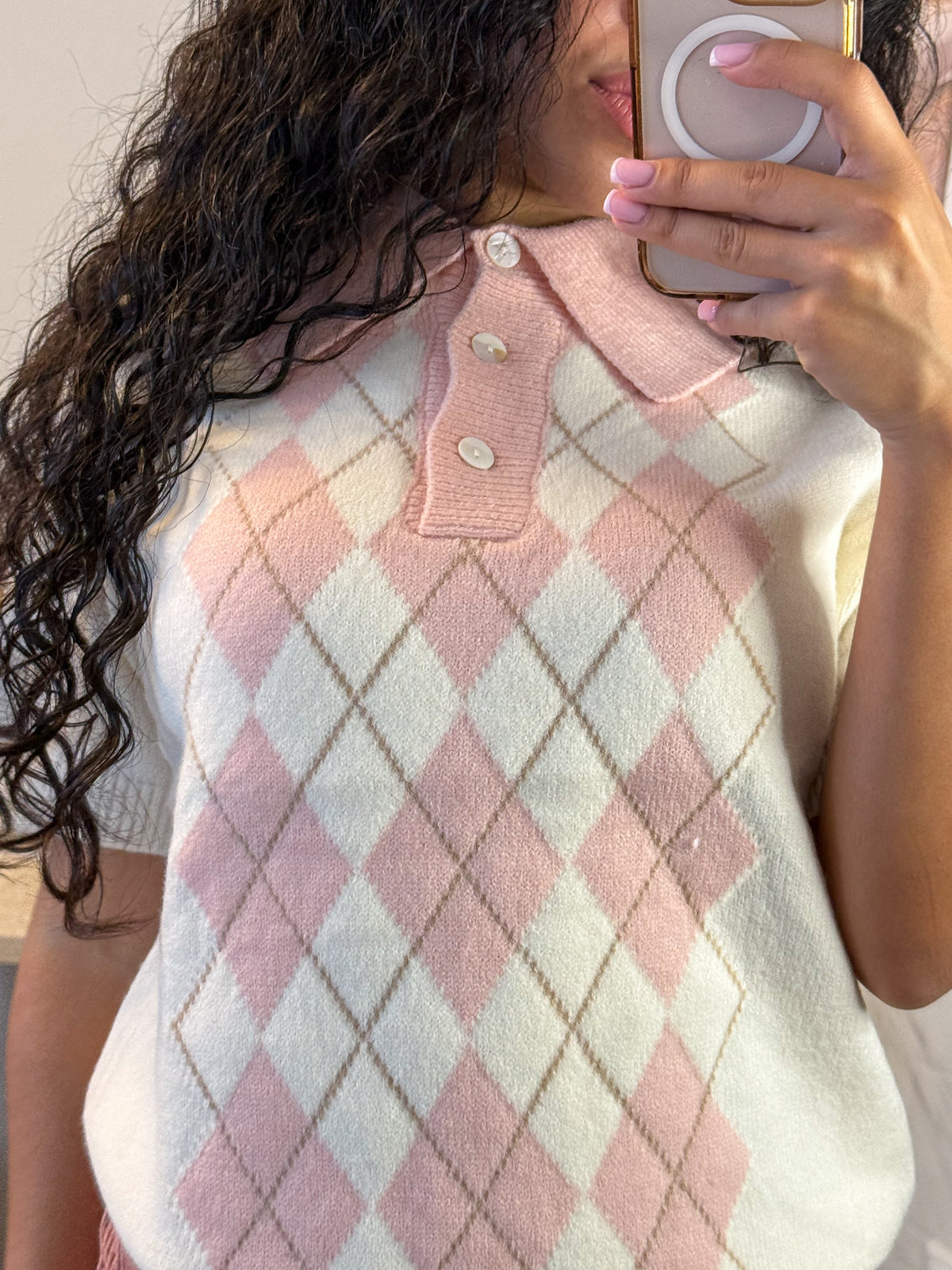 Mochi Argyle Polo – Pink Kawaii Knitted Polo Shirt | Preppy Short Sleeve Top