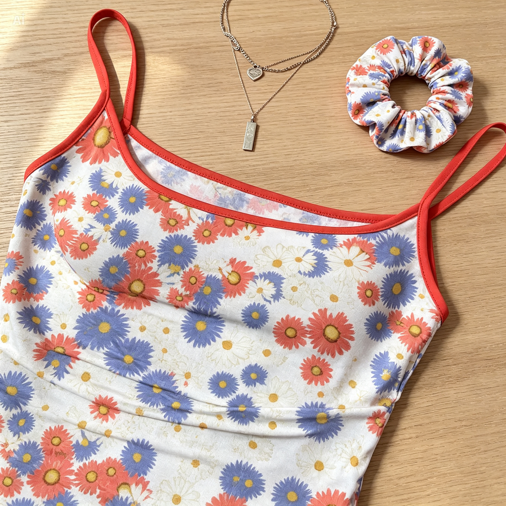 Floral Slim Cami Top – Stretchy Summer Tank with Daisy Print