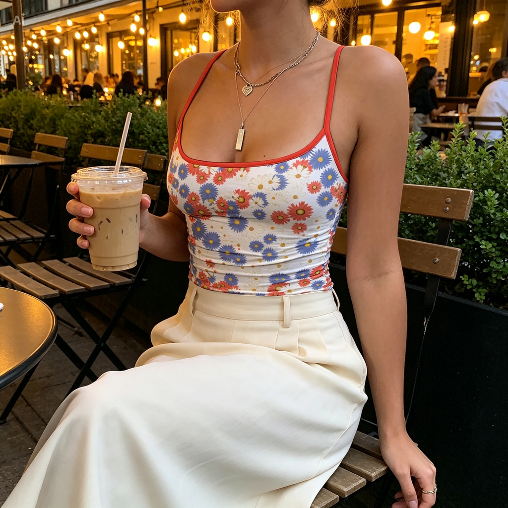 Floral Slim Cami Top – Stretchy Summer Tank with Daisy Print