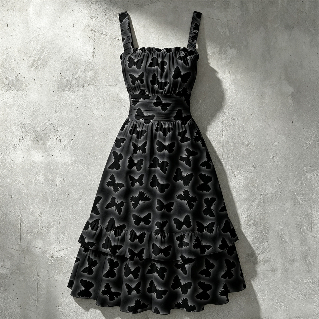 Black Butterfly Ruffle Dress – Sleeveless Midi Dress with Ruched Waist