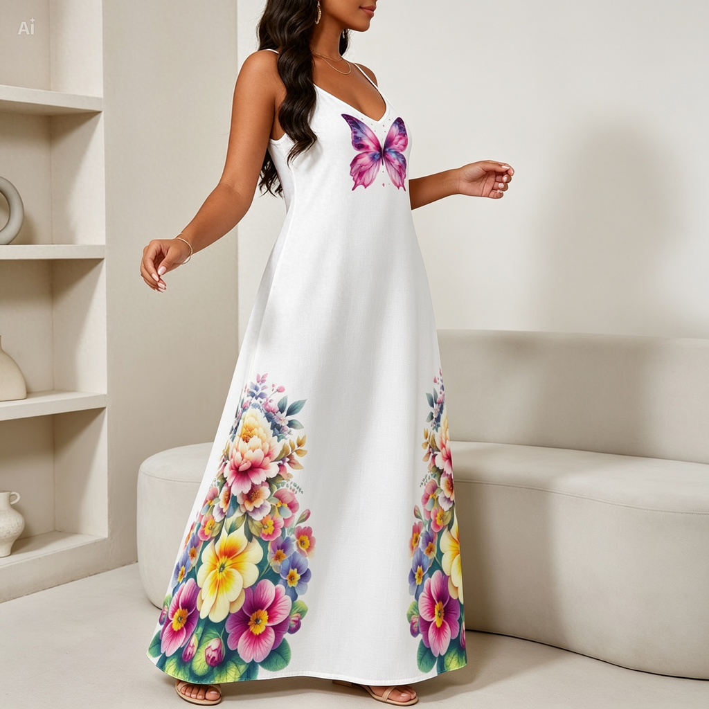 Butterfly Floral Maxi Dress – Colorful Spaghetti Strap Summer Dress