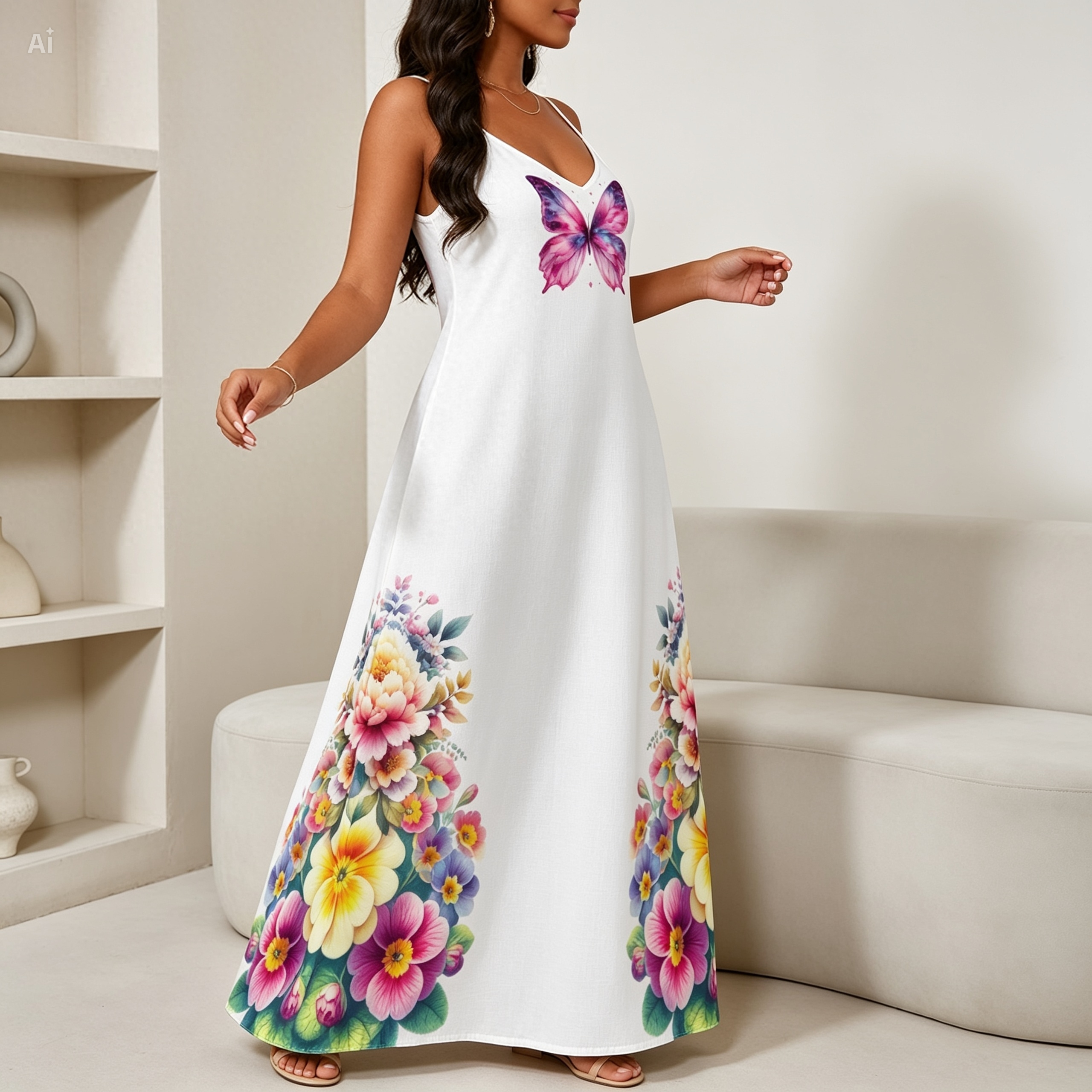 Butterfly Floral Maxi Dress – Colorful Spaghetti Strap Summer Dress