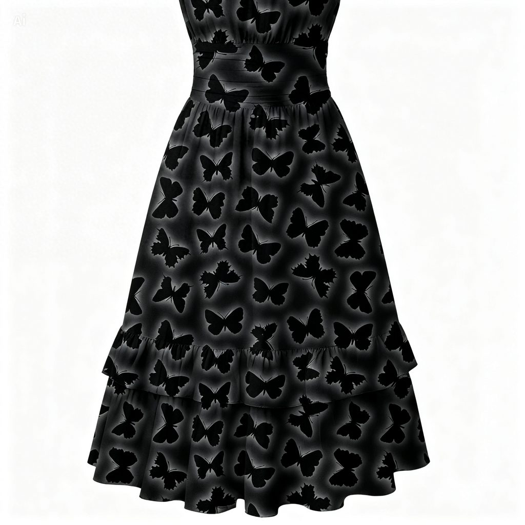 Black Butterfly Ruffle Dress – Sleeveless Midi Dress with Ruched Waist