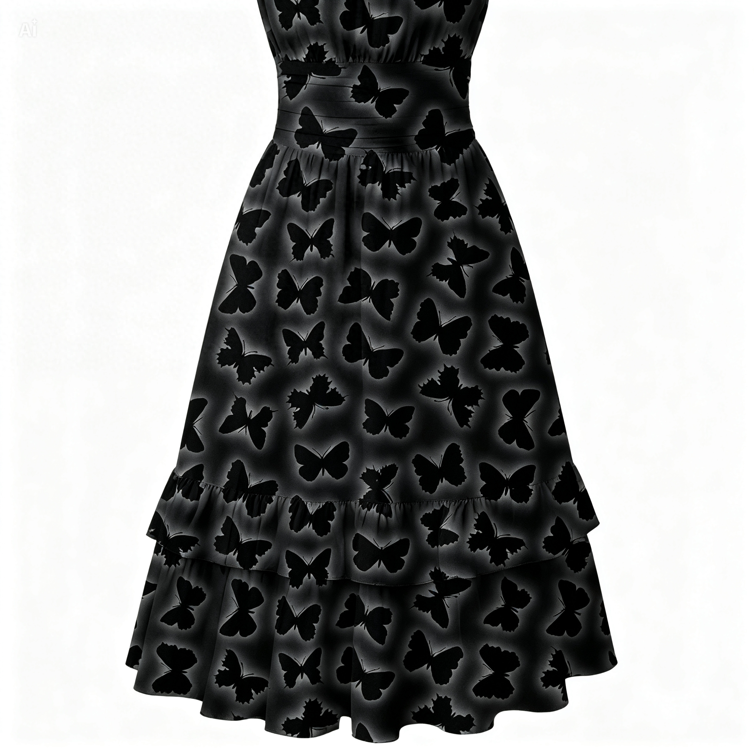 Black Butterfly Ruffle Dress – Sleeveless Midi Dress with Ruched Waist