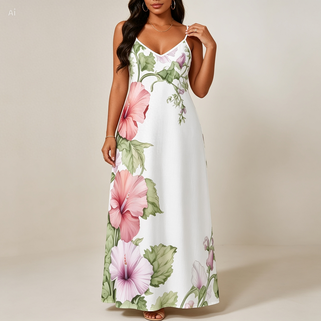 Hibiscus Floral Maxi Dress – Tropical Spaghetti Strap Summer Dress