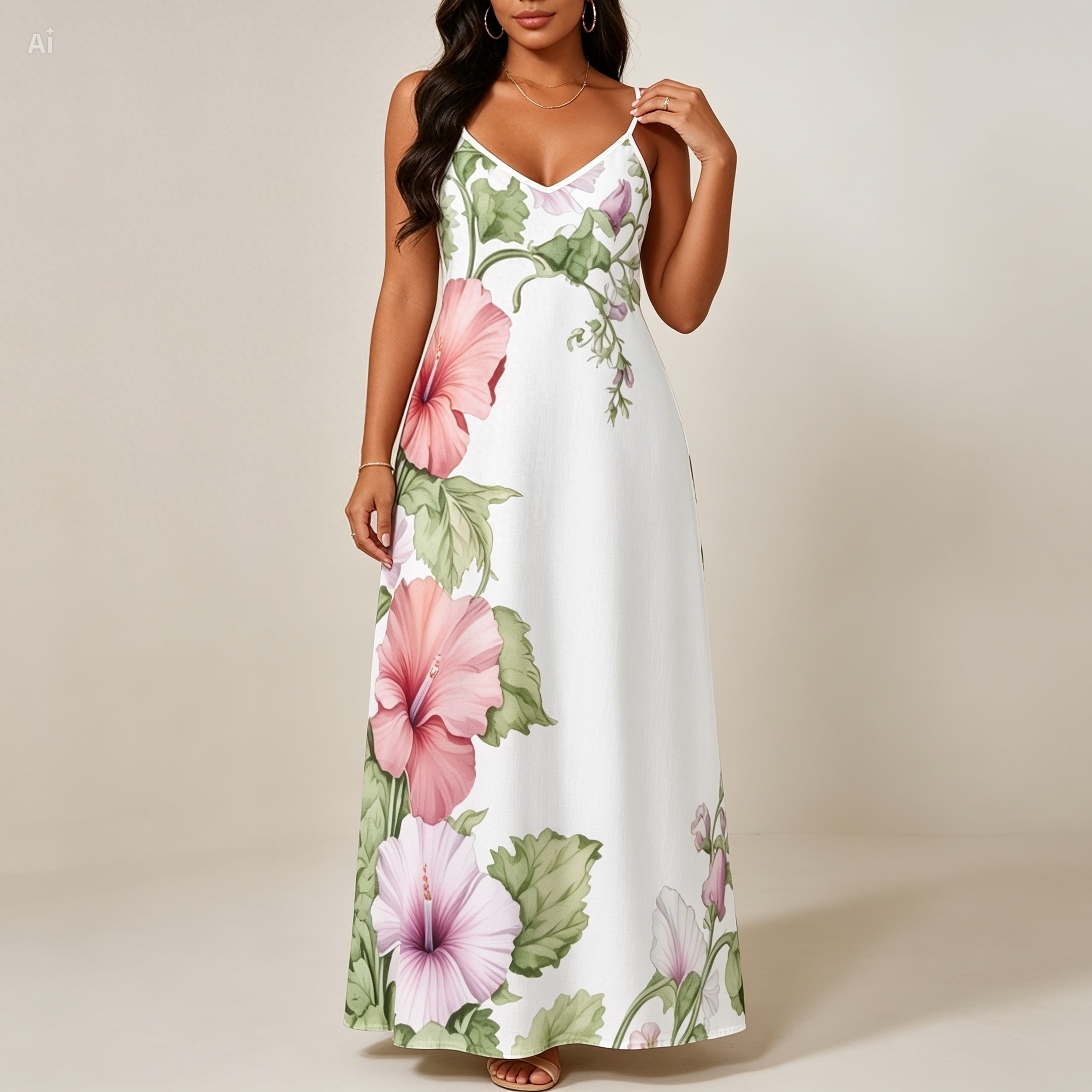 Hibiscus Floral Maxi Dress – Tropical Spaghetti Strap Summer Dress