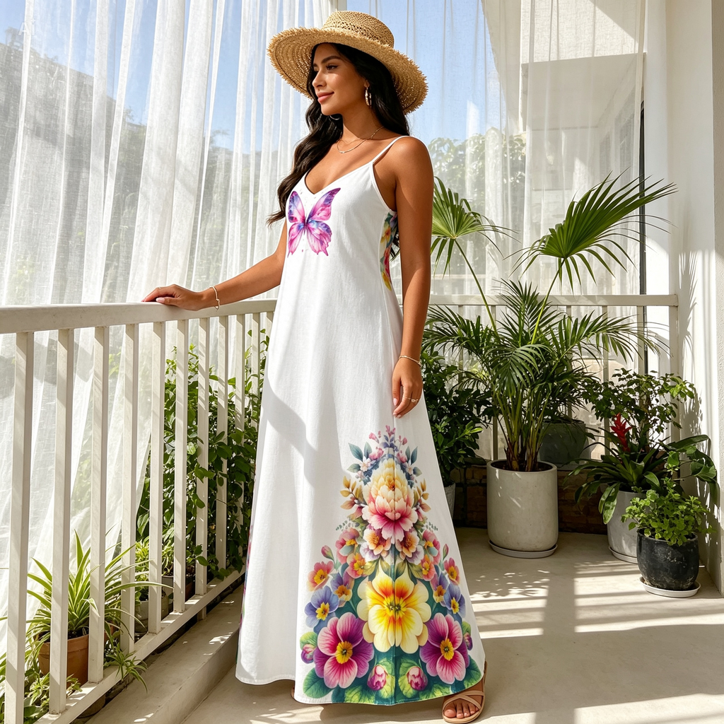 Butterfly Floral Maxi Dress – Colorful Spaghetti Strap Summer Dress