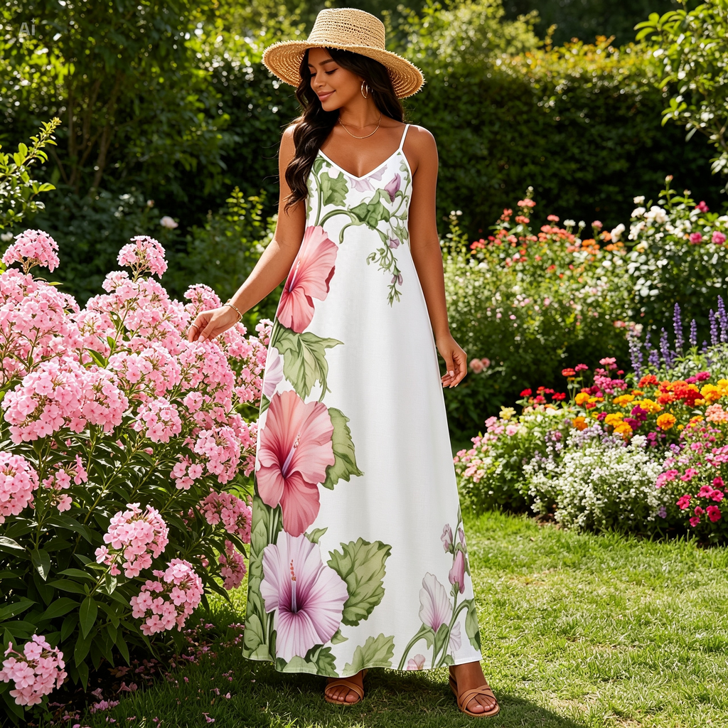 Hibiscus Floral Maxi Dress – Tropical Spaghetti Strap Summer Dress