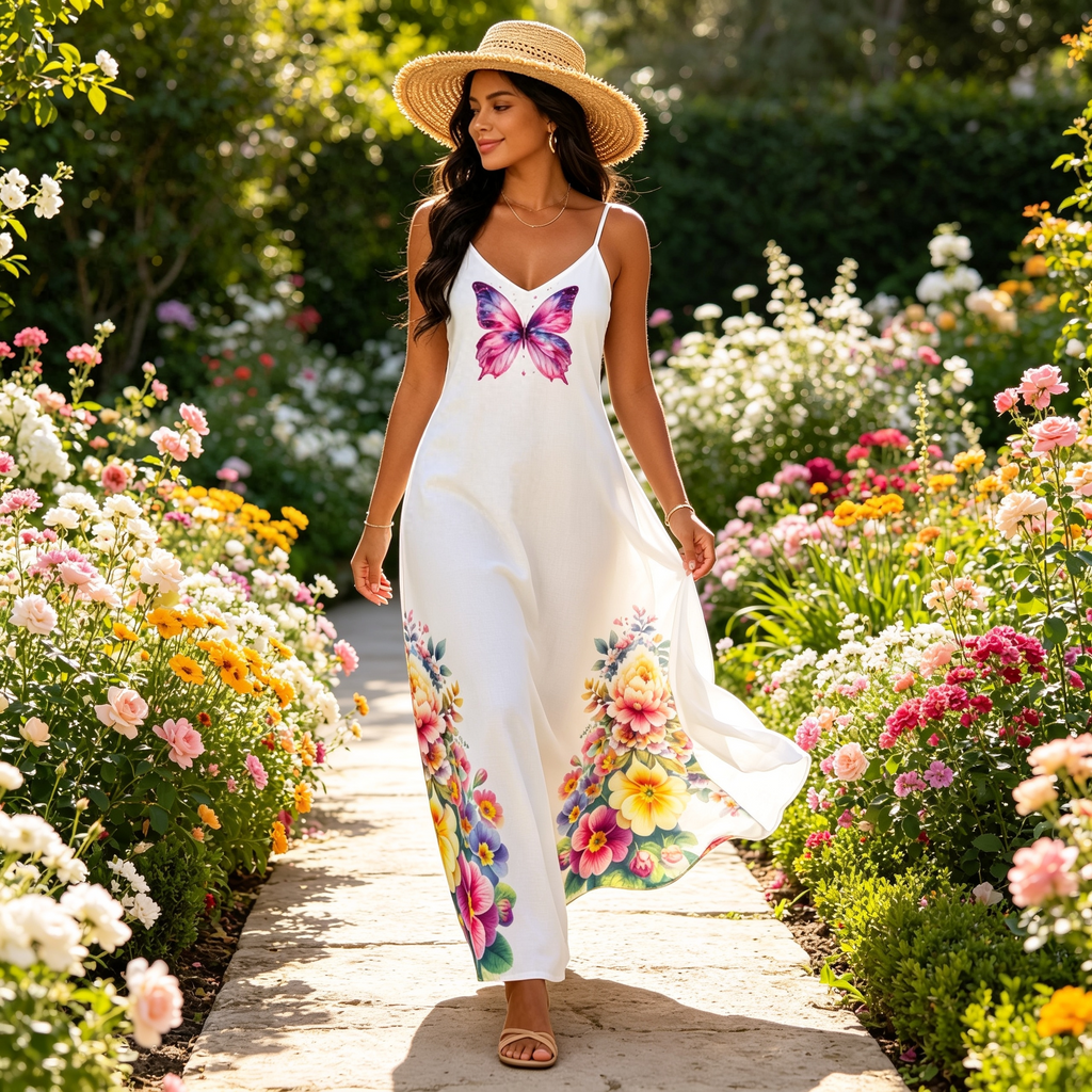 Butterfly Floral Maxi Dress – Colorful Spaghetti Strap Summer Dress