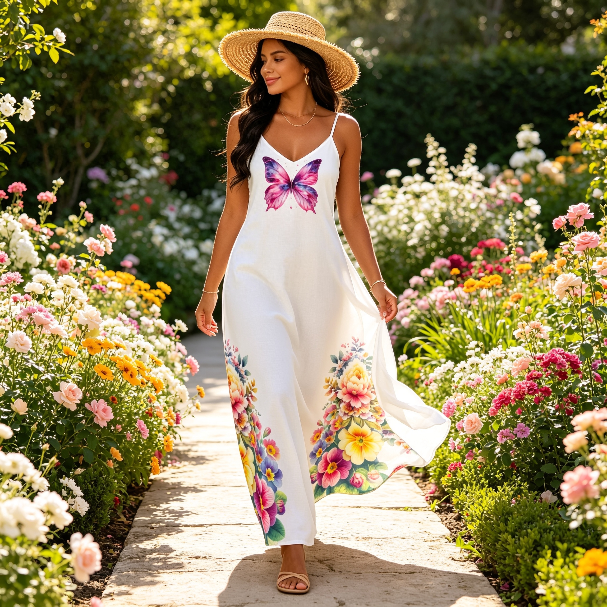 Butterfly Floral Maxi Dress – Colorful Spaghetti Strap Summer Dress