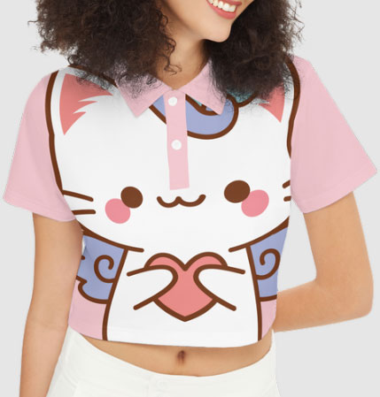 Kawaii Cat Heard Short-Sleeve Crop Polo Shirt-Heavyweight 225g