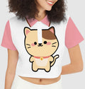 Kawaii Cat Women's Short-Sleeve Crop Polo Shirt-Heavyweight 225g