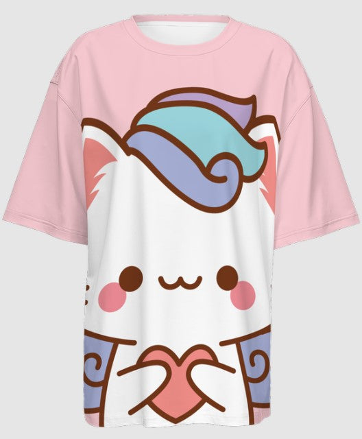 Kawaii Cat with Heard Women’s Oversized Short-Sleeve T-Shirt-Heavyweight 225g