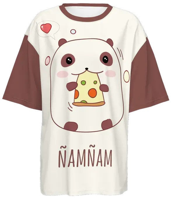 Kawaii Panda Cheese Women’s Oversized Short-Sleeve T-Shirt-Heavyweight 225g