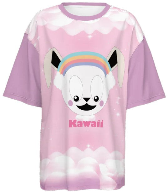 Kawaii Rabbit Rainbow Oversized Short-Sleeve T-Shirt-Heavyweight 225g