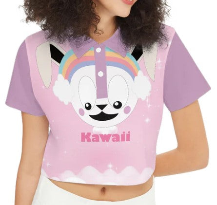 Kawaii Rabbit Rainbow Short-Sleeve Crop Polo Shirt-Heavyweight 225g