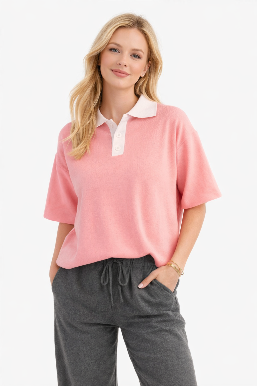 Pink Knitted Polo Shirt – Kawaii Preppy Short Sleeve Top