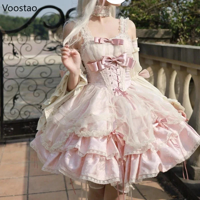 Japanese Sweet Lolita Gothic Mini Dress | Kawaii Harajuku Y2K Style with Bow, Lace & Ruffle Accents