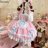 Sweet Lolita JSK Dress – Kawaii Bear Print, Bows & Ruffles | Blue & Pink Sleeveless Mini Dress