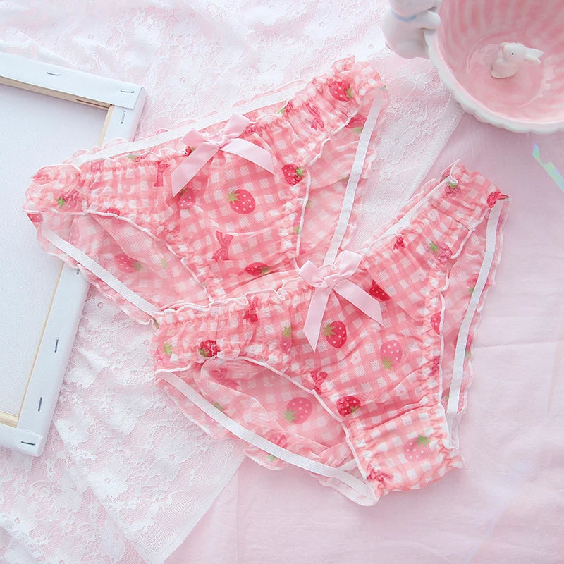 Kawaii strawberry panties in pink with ruffle lace details and cute pastel underwear style
