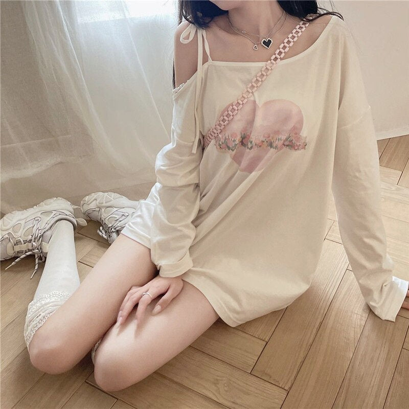 Kawaii T-Shirt Women Japanese Sweet Off Shoulder Lace Up Long Sleeve Graphic T Shirts Cute Korean Fashion Tops for Girls