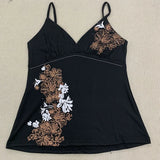 Harajuku Flower Print Tank Top – Women’s Gothic Rhinestone Cami | Vintage Black Off-Shoulder Summer Vest