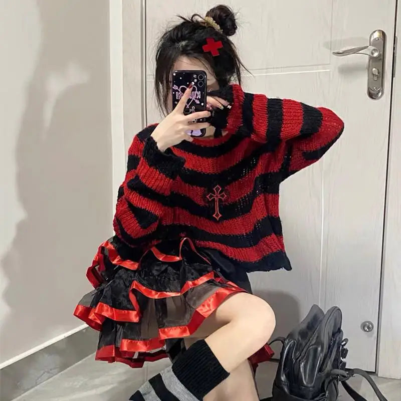 Karrram Pink Striped Gothic Sweater – Women’s Ripped Knit Pullover | Fairy Grunge, Emo, Y2K Streetwear