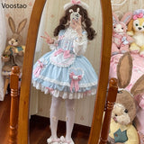 Sweet Lolita JSK Dress – Kawaii Bear Print, Bows & Ruffles | Blue & Pink Sleeveless Mini Dress