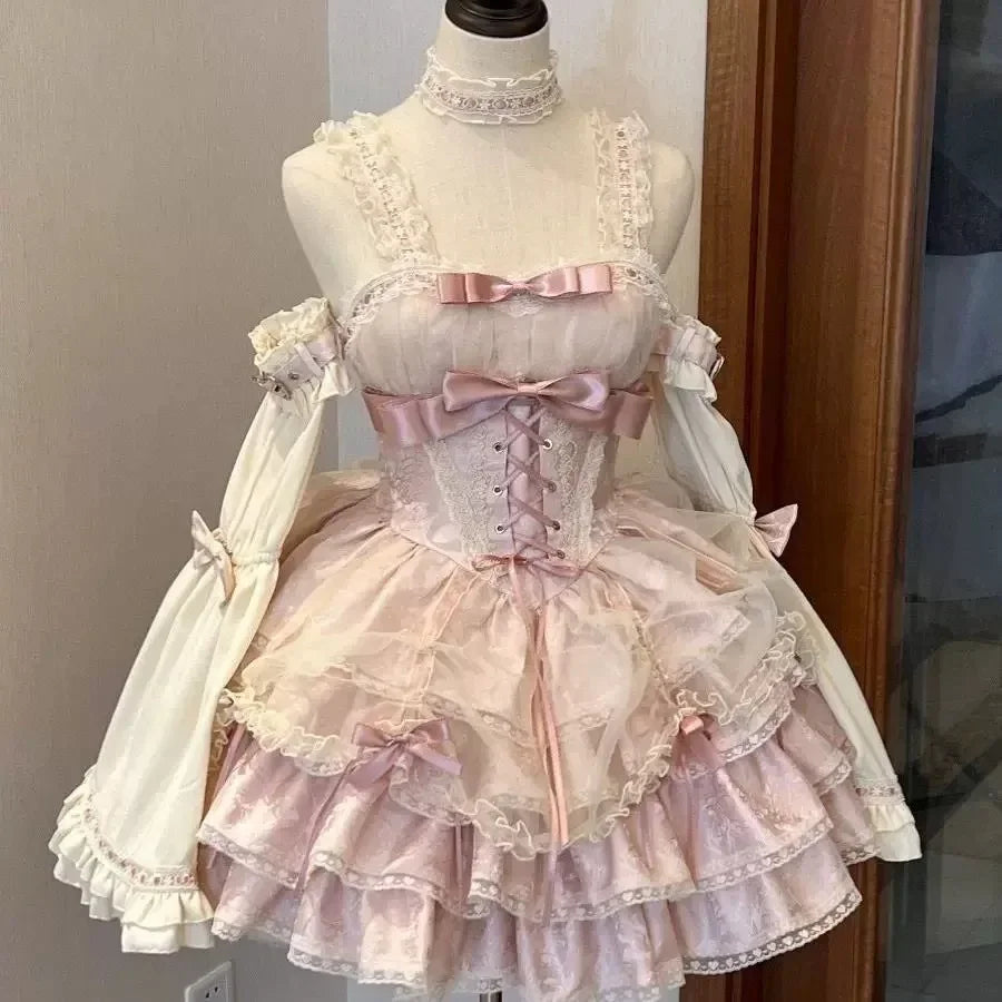 Japanese Sweet Lolita Gothic Mini Dress | Kawaii Harajuku Y2K Style with Bow, Lace & Ruffle Accents