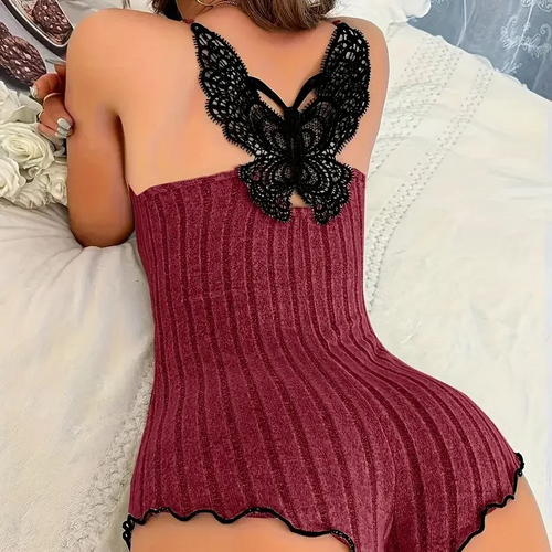 Butterfly embroidered pajama bodysuit with lace trim, sleeveless kawaii sleepwear romper