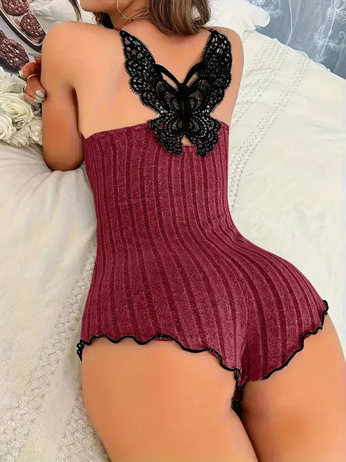 Butterfly Embroidered Pajama Bodysuit | Lace Trim Sleepwear Romper