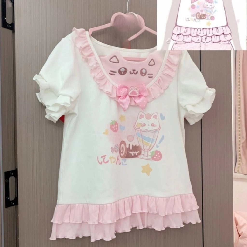 Sweet Kawaii Cat Bow T-Shirt | Japanese Ruffle Tee with Pink Ribbon & Cute Kitty Print