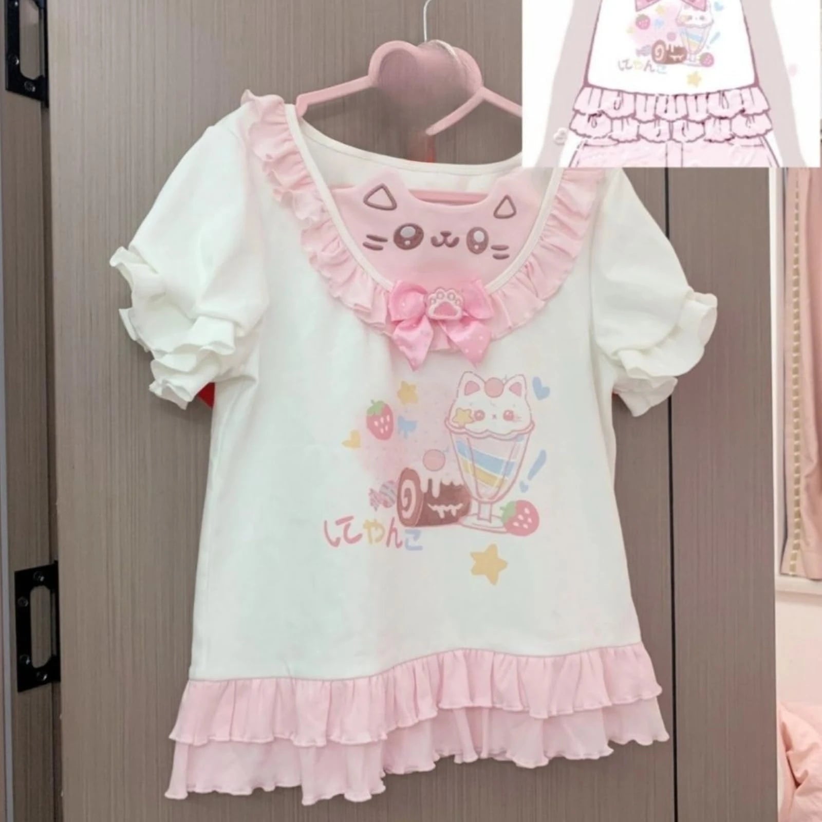 Sweet Kawaii Cat Bow T-Shirt | Japanese Ruffle Tee with Pink Ribbon & Cute Kitty Print