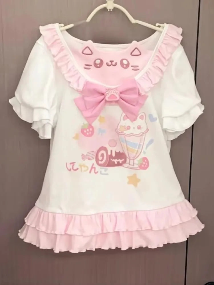 Sweet Kawaii Cat Bow T-Shirt | Japanese Ruffle Tee with Pink Ribbon & Cute Kitty Print