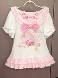 Sweet Kawaii Cat Bow T-Shirt | Japanese Ruffle Tee with Pink Ribbon & Cute Kitty Print