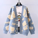 Cartoon Bear Jacquard Weave Vintage V-Neck Loose Knitted Women's Cardigan Korean Fashion Single Breasted Cardigan For Women