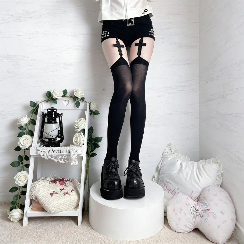 Gothic Cross Thigh High Stockings