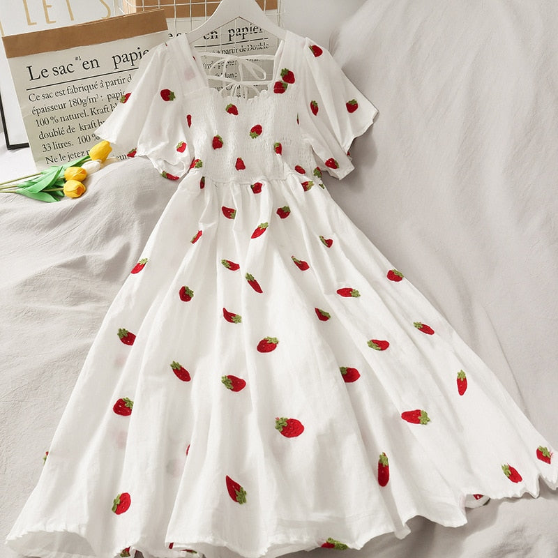 Kawaii Strawberry Dress Sexy Ruffle Puff Sleeve Off Shoulder Embroidery Dresses Korean Elegant