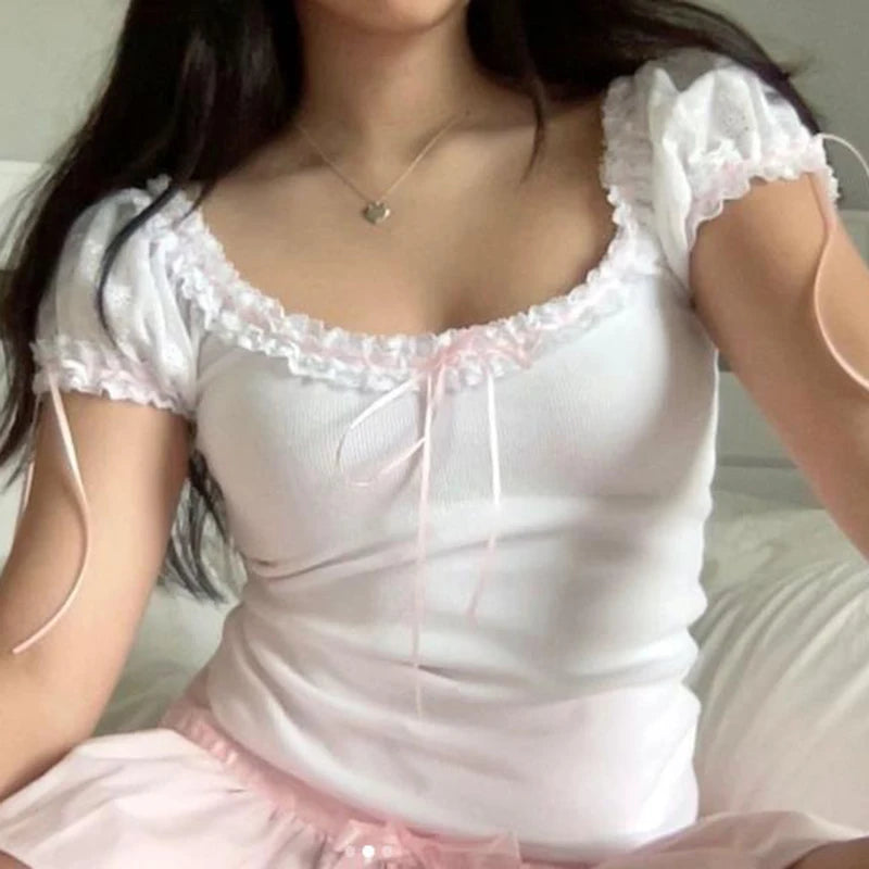 Retro Crop Tops Korean Kawaii Lace Trim Short Sleeve Tees Fairy Y2K Coquette