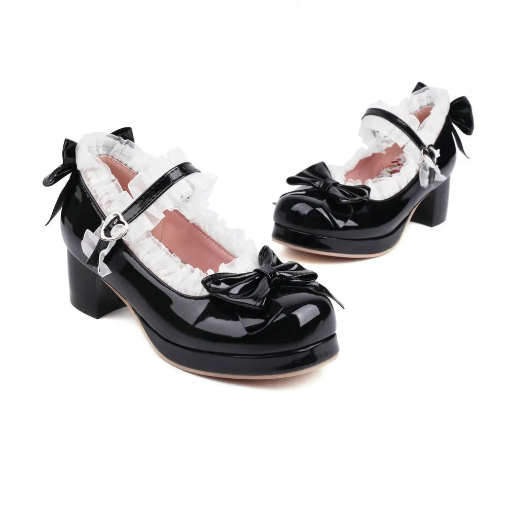 Sweet Lolita Mary Jane Heels | Women's Bow & Lace Princess Shoes with Chunky Heel (Sizes 33–48)
