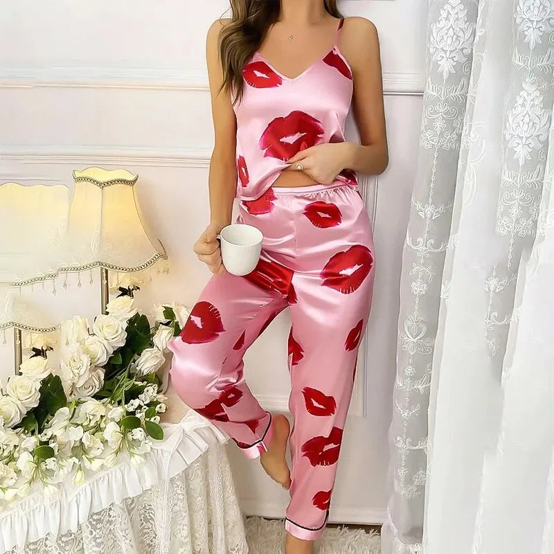 Women's Satin Pajama Set - Lip Print V-Neck Cami Top & Elastic Waist Pants | Comfortable Sleepwear & Loungewear
