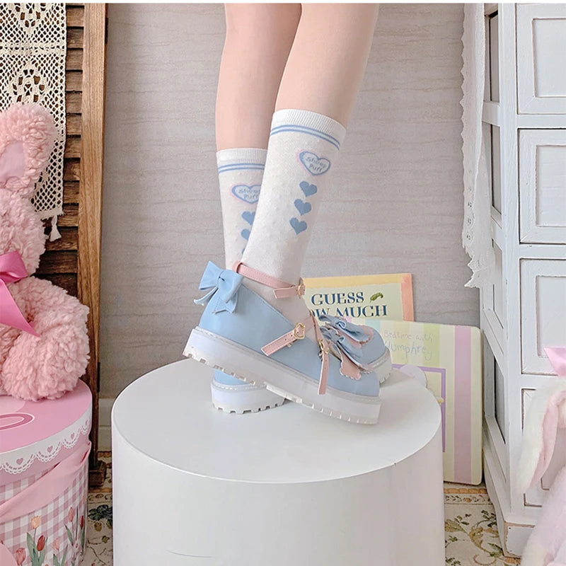 Girls Sweet Lolita Platform Mary Jane Shoes | Kawaii Bowknots, Heart-Shaped Straps & Bell Accents