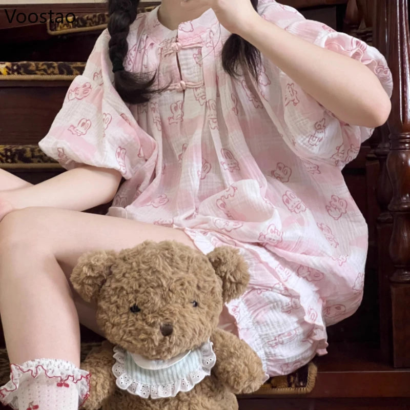 Kawaii Bunny Pajama Set – Women’s Lolita Style Short Sleeve Top & Shorts | Cute Girly Princess Homewear