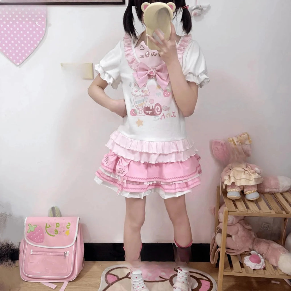 Sweet Kawaii Cat Bow T-Shirt | Japanese Ruffle Tee with Pink Ribbon & Cute Kitty Print
