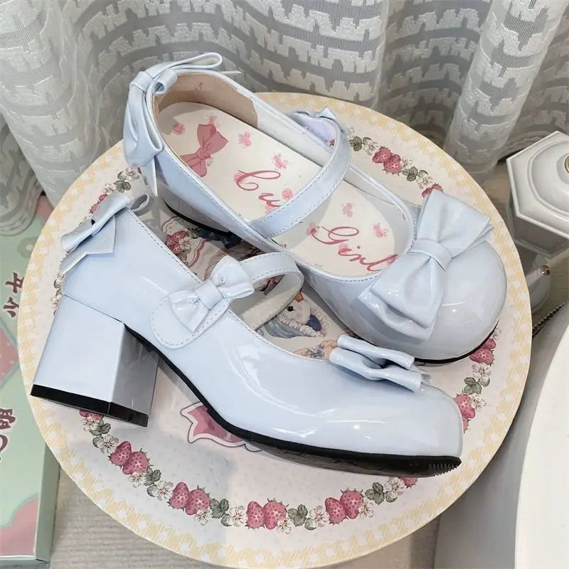 Lolita Style Cute Round Head Mary Jane Pumps With Bow Women's Sweet Party Dress Midi Heels Shoes Fashion PU Sandals