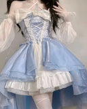 French Romantic Style Lolita Op Elegant Girl Cosplay Princess Puff Sleeve Ribbon Bowknot Flower Tunic Mesh Fantastic Fairy Dress