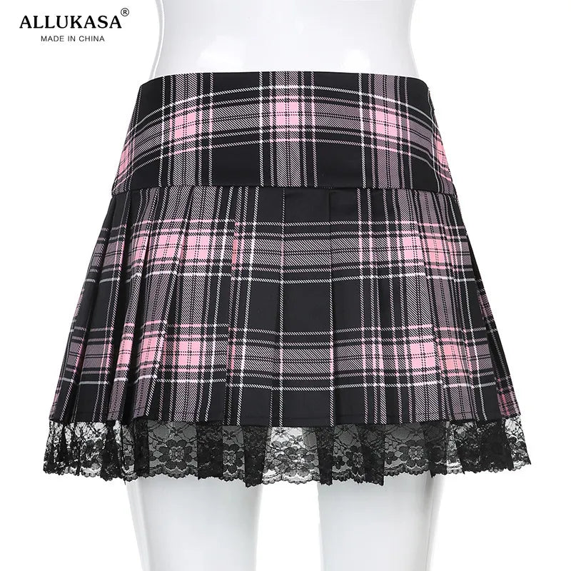 Pink Black Blue Plaid Goth School Skirt with Lace-Up Detail