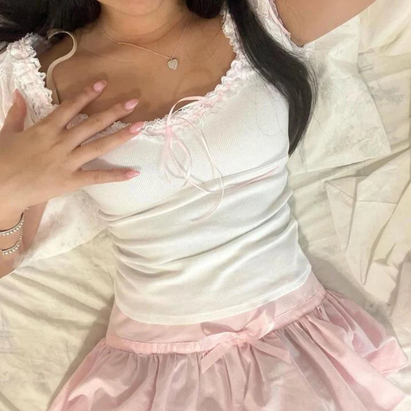 Retro Crop Tops Korean Kawaii Lace Trim Short Sleeve Tees Fairy Y2K Coquette